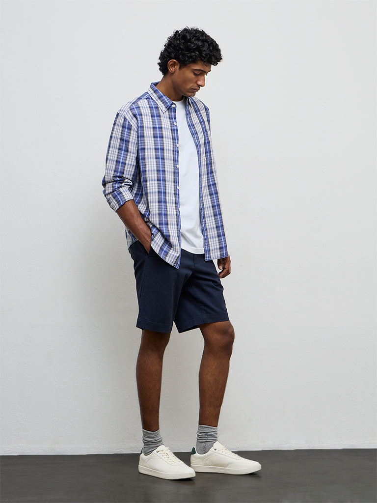 WES Casuals Navy Checkered Relaxed-Fit Cotton-Blend Shirt