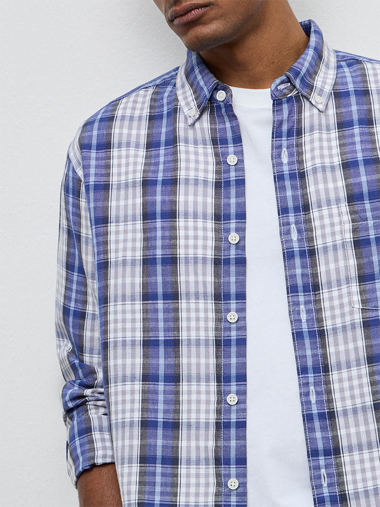 WES Casuals Navy Checkered Relaxed-Fit Cotton-Blend Shirt