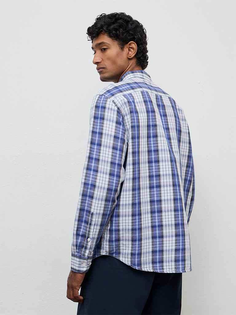 WES Casuals Navy Checkered Relaxed-Fit Cotton-Blend Shirt