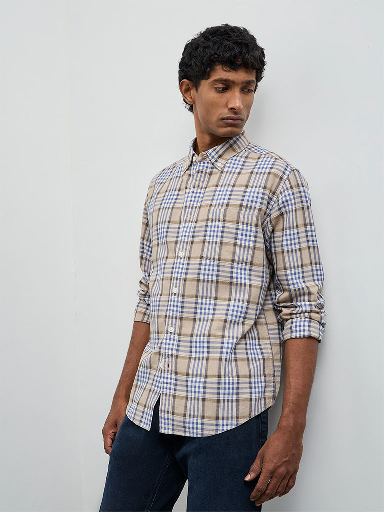 WES Casuals Brown Checkered Relaxed-Fit Cotton-Blend Shirt