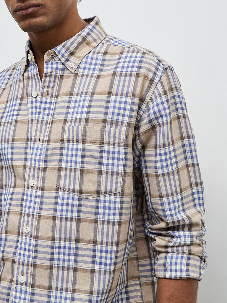 WES Casuals Brown Checkered Relaxed-Fit Cotton-Blend Shirt