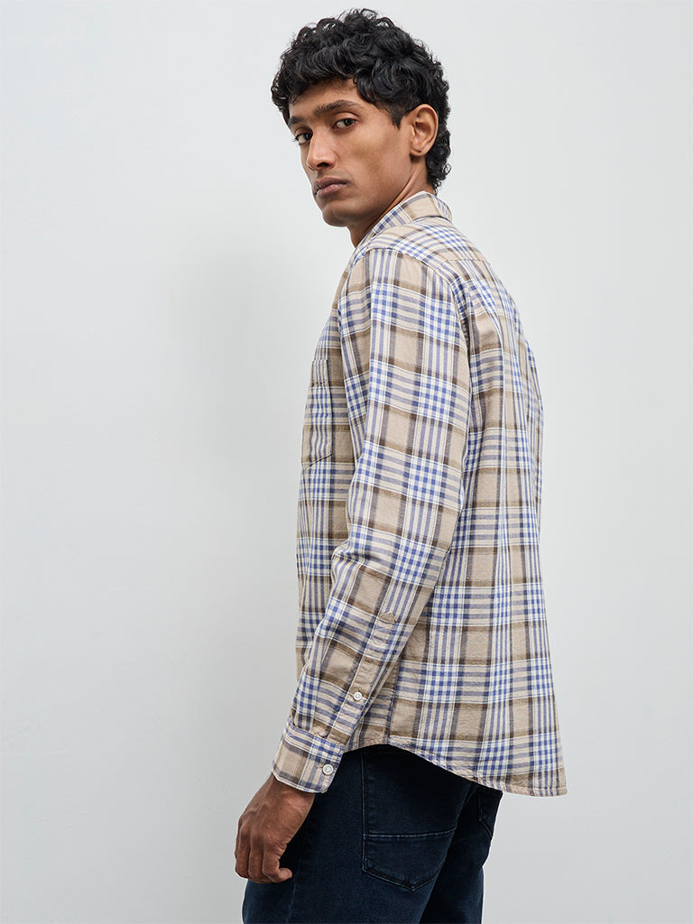 WES Casuals Brown Checkered Relaxed-Fit Cotton-Blend Shirt