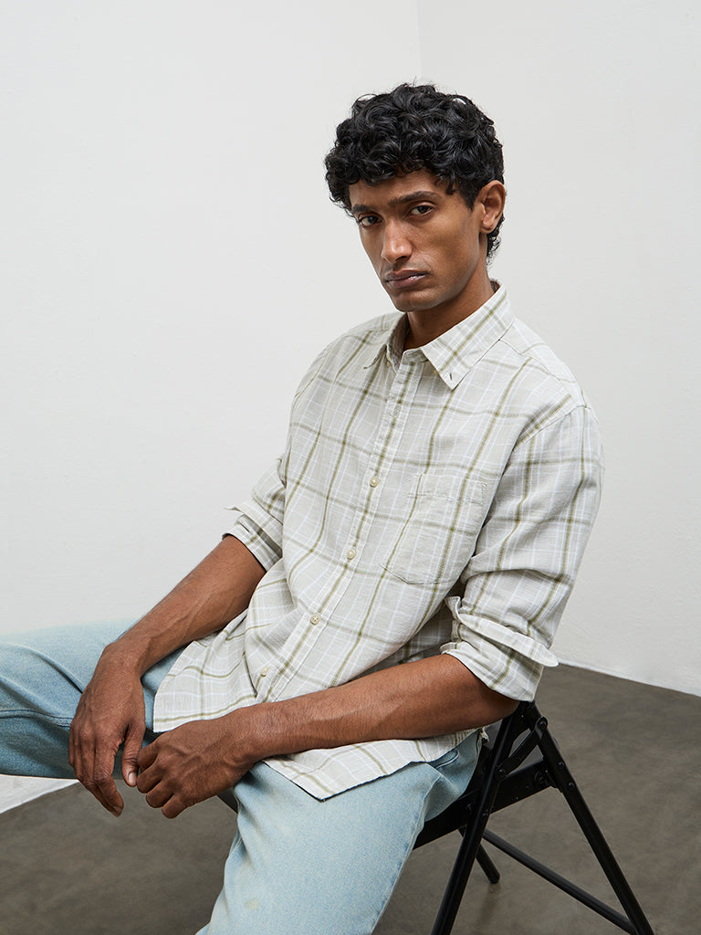 WES Casuals Sage Checks Relaxed-Fit Cotton-Blend Shirt