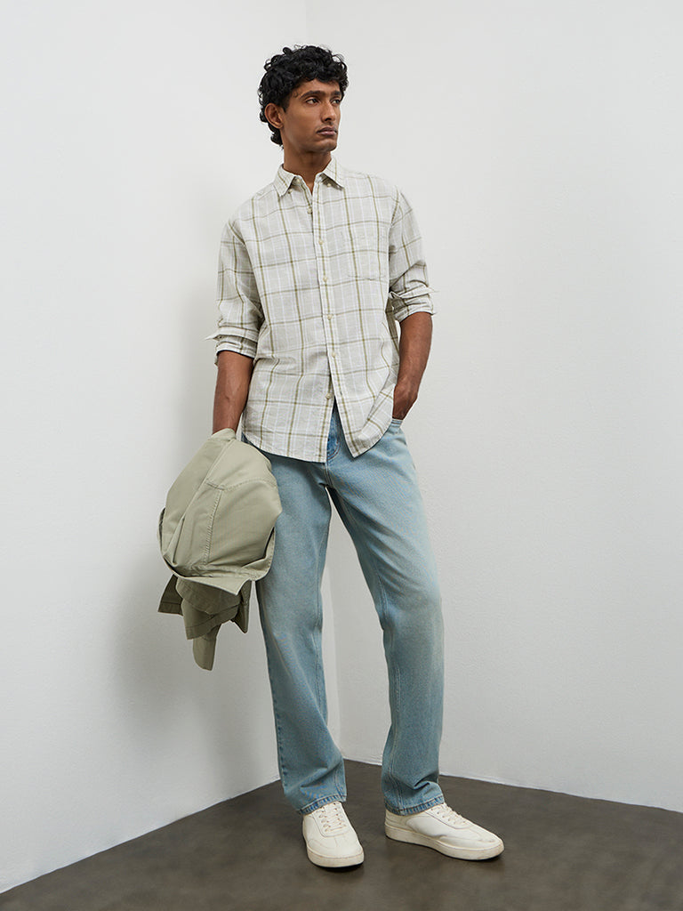 WES Casuals Sage Checks Relaxed-Fit Cotton-Blend Shirt