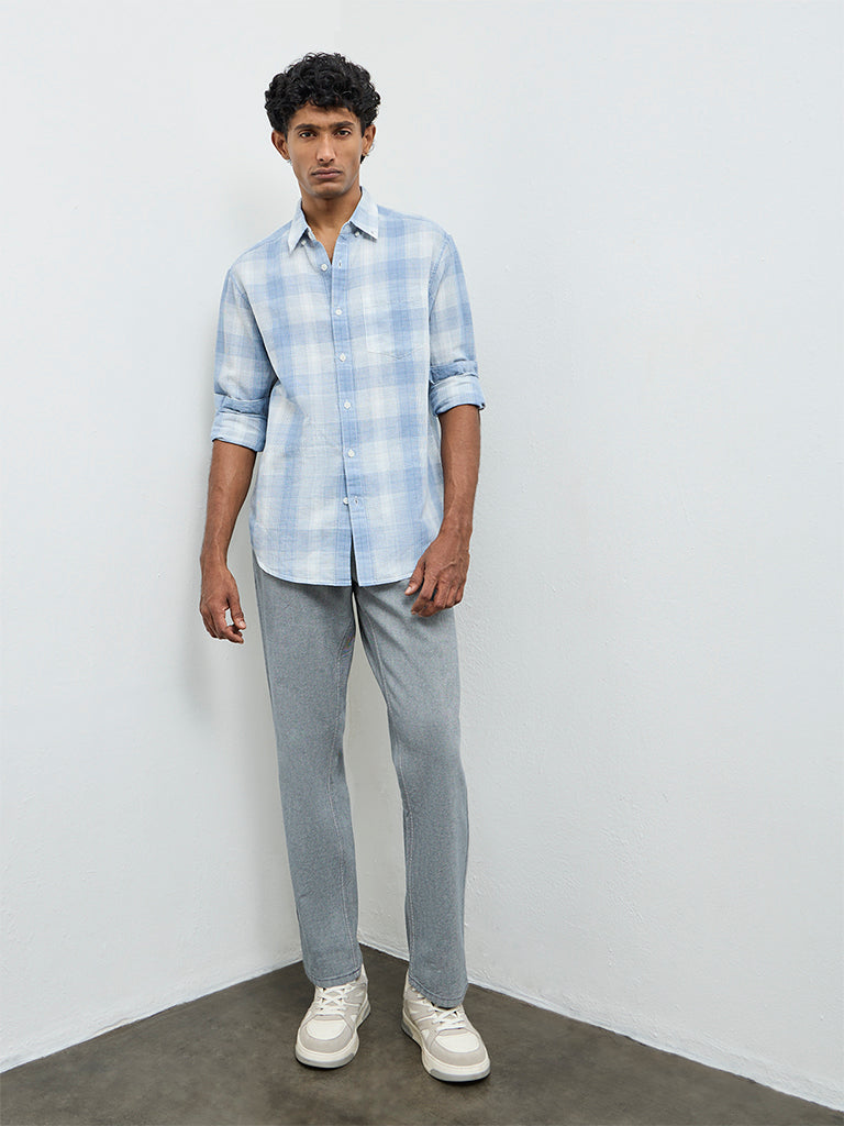WES Casuals Light Blue Check Relaxed Fit Cotton-Blend Shirt