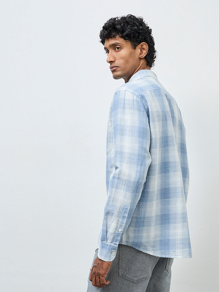 WES Casuals Light Blue Check Relaxed Fit Cotton-Blend Shirt