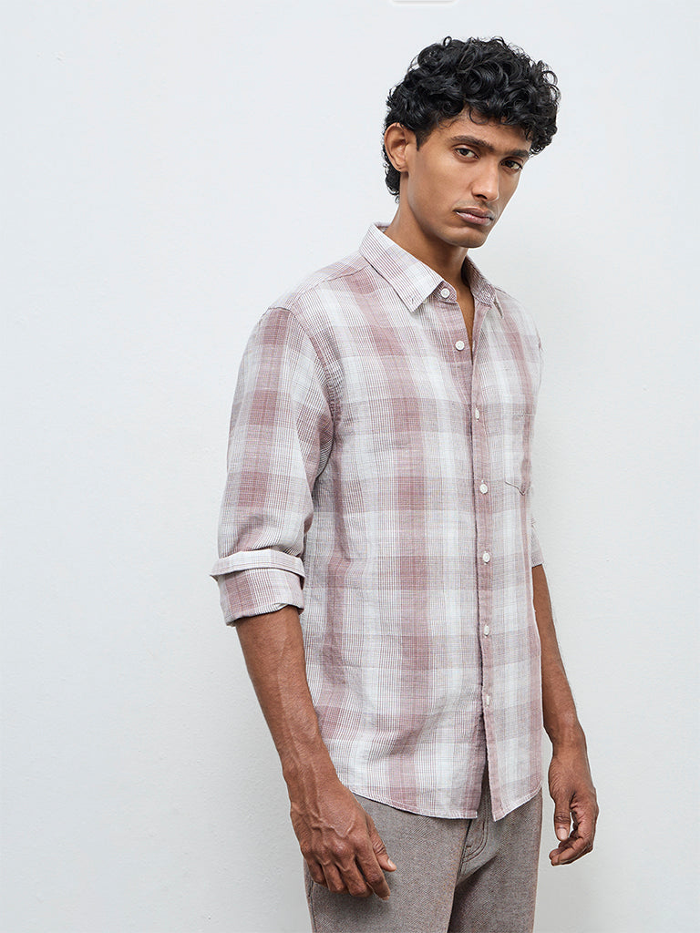 WES Casuals Dusty Pink Checks Relaxed Fit Cotton-Blend Shirt