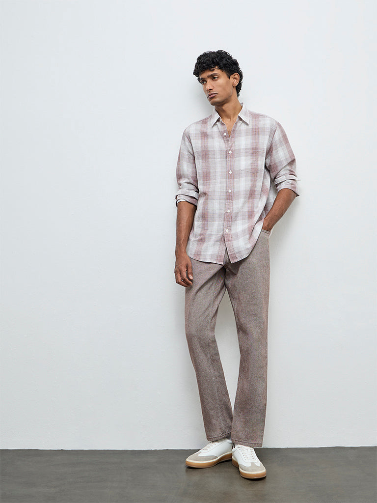 WES Casuals Dusty Pink Checks Relaxed Fit Cotton-Blend Shirt
