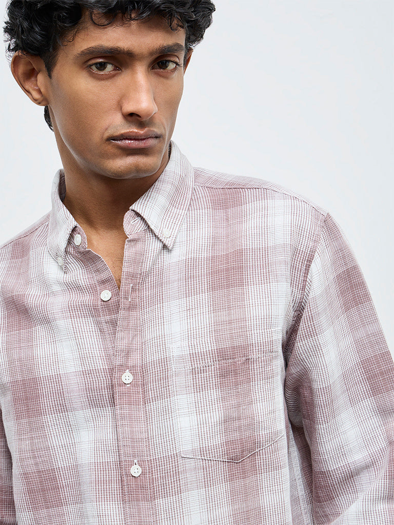 WES Casuals Dusty Pink Checks Relaxed Fit Cotton-Blend Shirt
