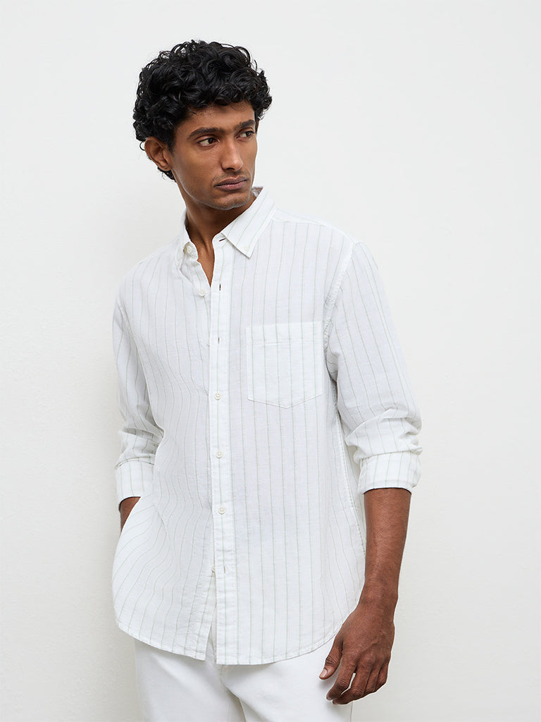 WES Casuals White Pinstriped Relaxed-Fit Cotton-Blend Shirt