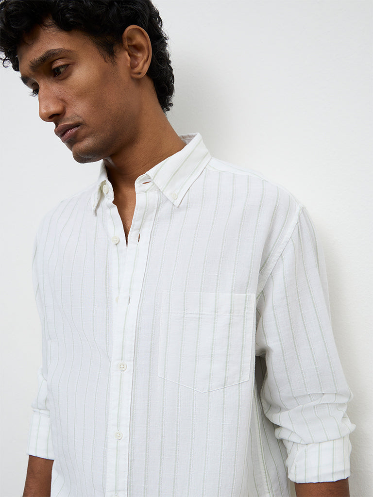 WES Casuals White Pinstriped Relaxed-Fit Cotton-Blend Shirt