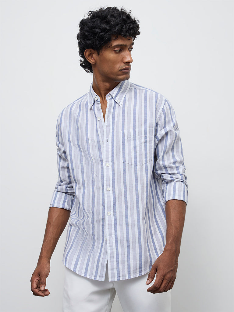 WES Casuals Blue Striped Relaxed-Fit Cotton-Blend Shirt
