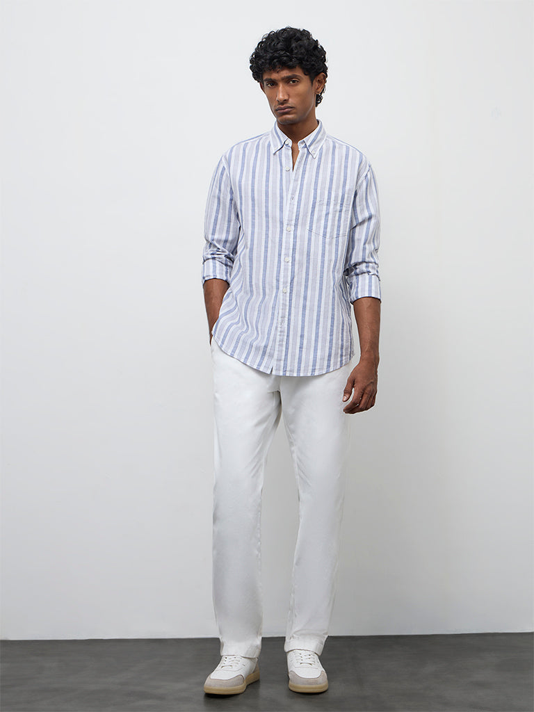WES Casuals Blue Striped Relaxed-Fit Cotton-Blend Shirt