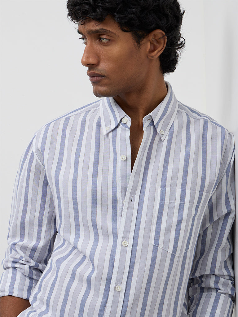 WES Casuals Blue Striped Relaxed-Fit Cotton-Blend Shirt
