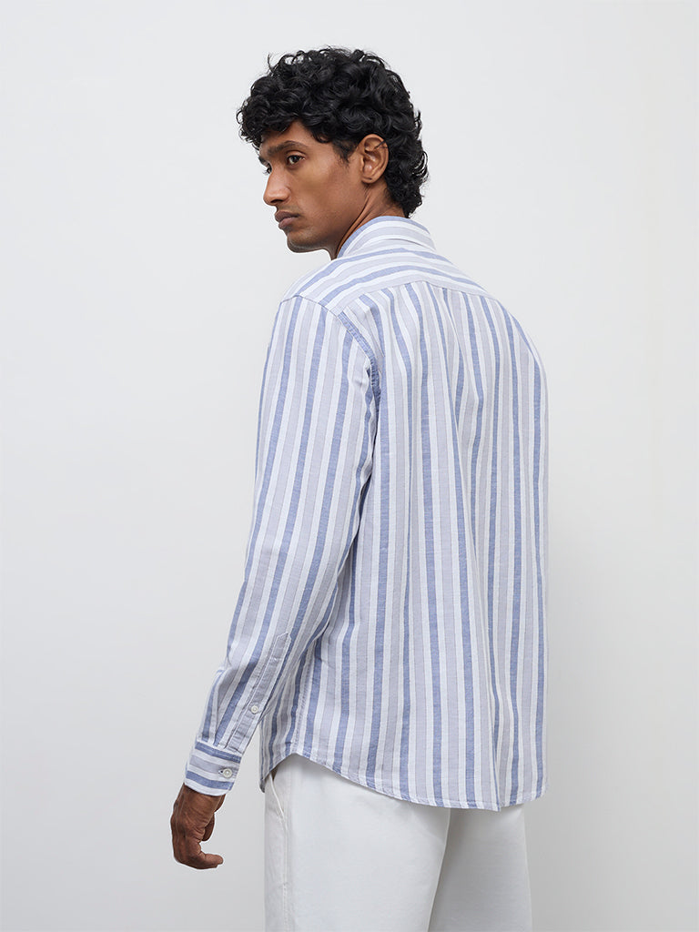WES Casuals Blue Striped Relaxed-Fit Cotton-Blend Shirt
