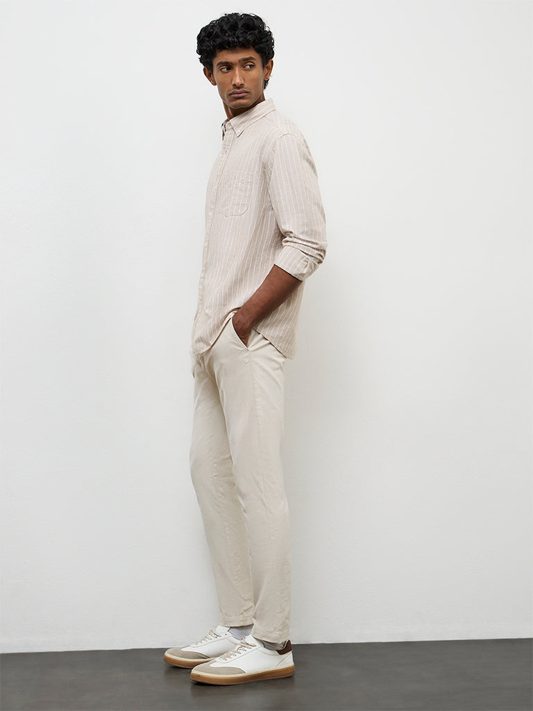 WES Casuals Beige Pinstriped Relaxed-Fit Cotton-Blend Shirt