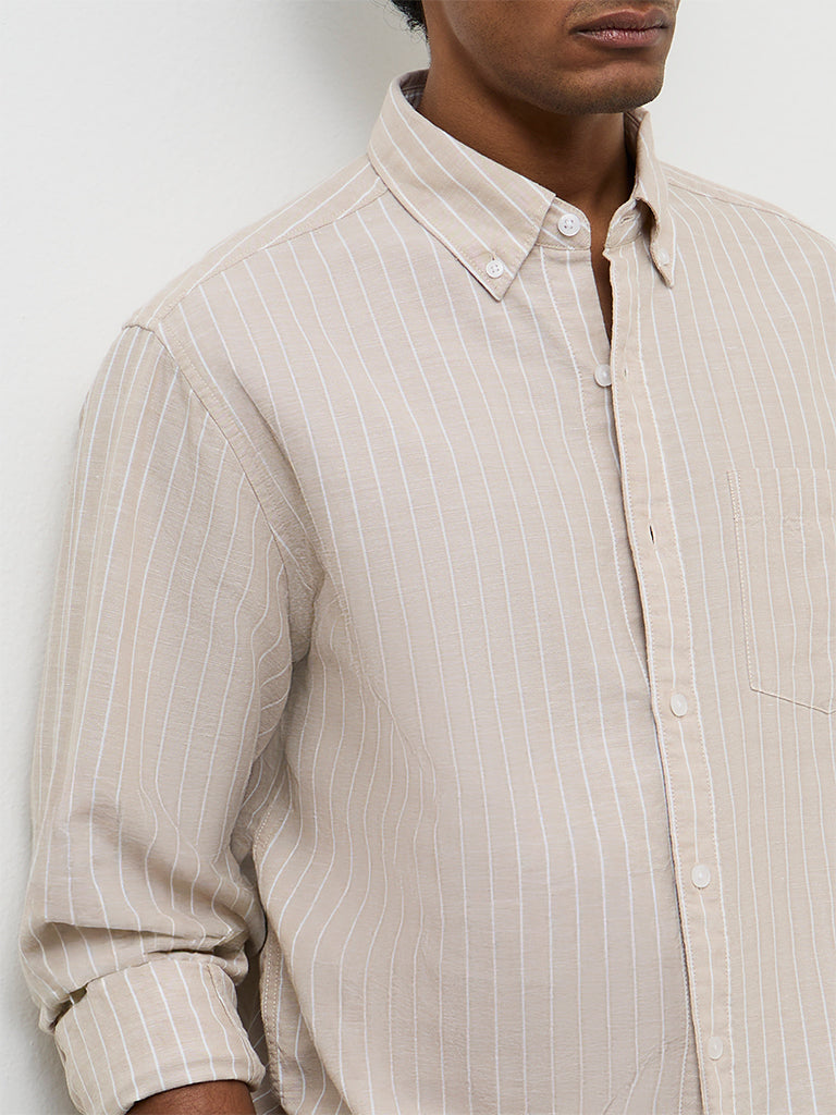 WES Casuals Beige Pinstriped Relaxed-Fit Cotton-Blend Shirt