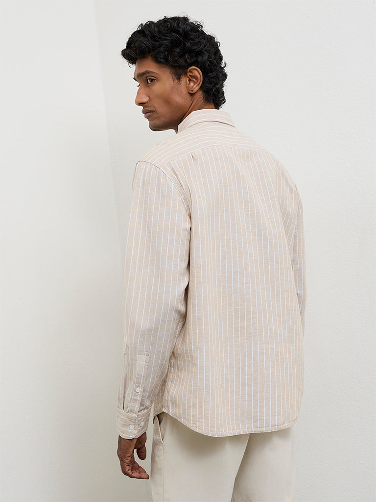 WES Casuals Beige Pinstriped Relaxed-Fit Cotton-Blend Shirt
