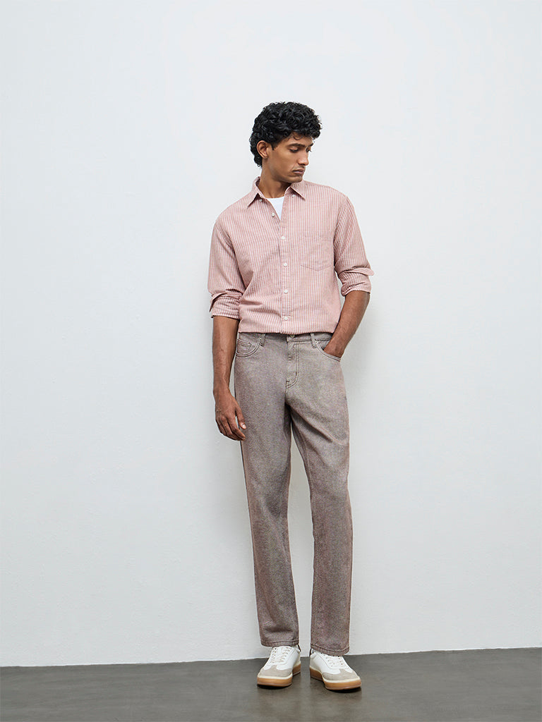 WES Casuals Dusty Pink Striped Relaxed Fit Cotton-Blend Shirt