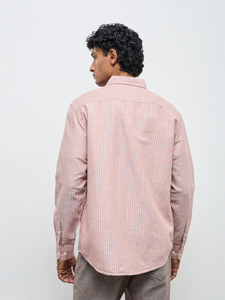 WES Casuals Dusty Pink Striped Relaxed Fit Cotton-Blend Shirt