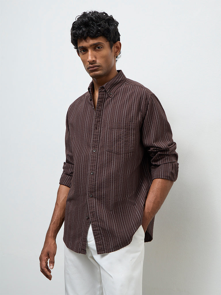WES Casuals Dark Brown Striped Relaxed-Fit Cotton Shirt