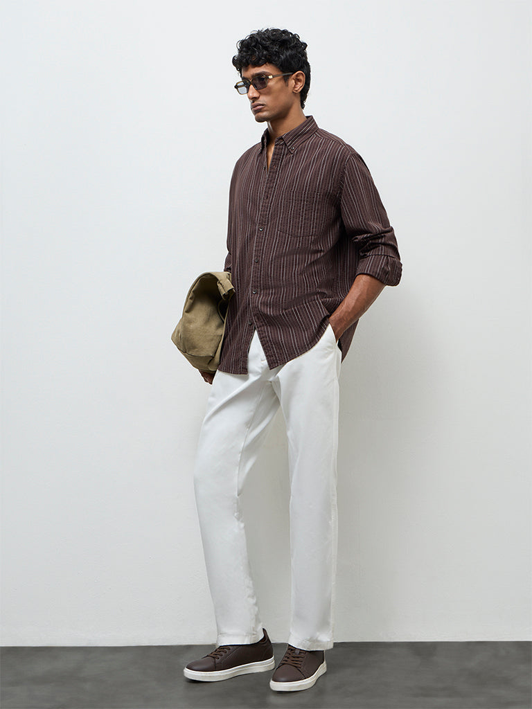 WES Casuals Dark Brown Striped Relaxed-Fit Cotton Shirt