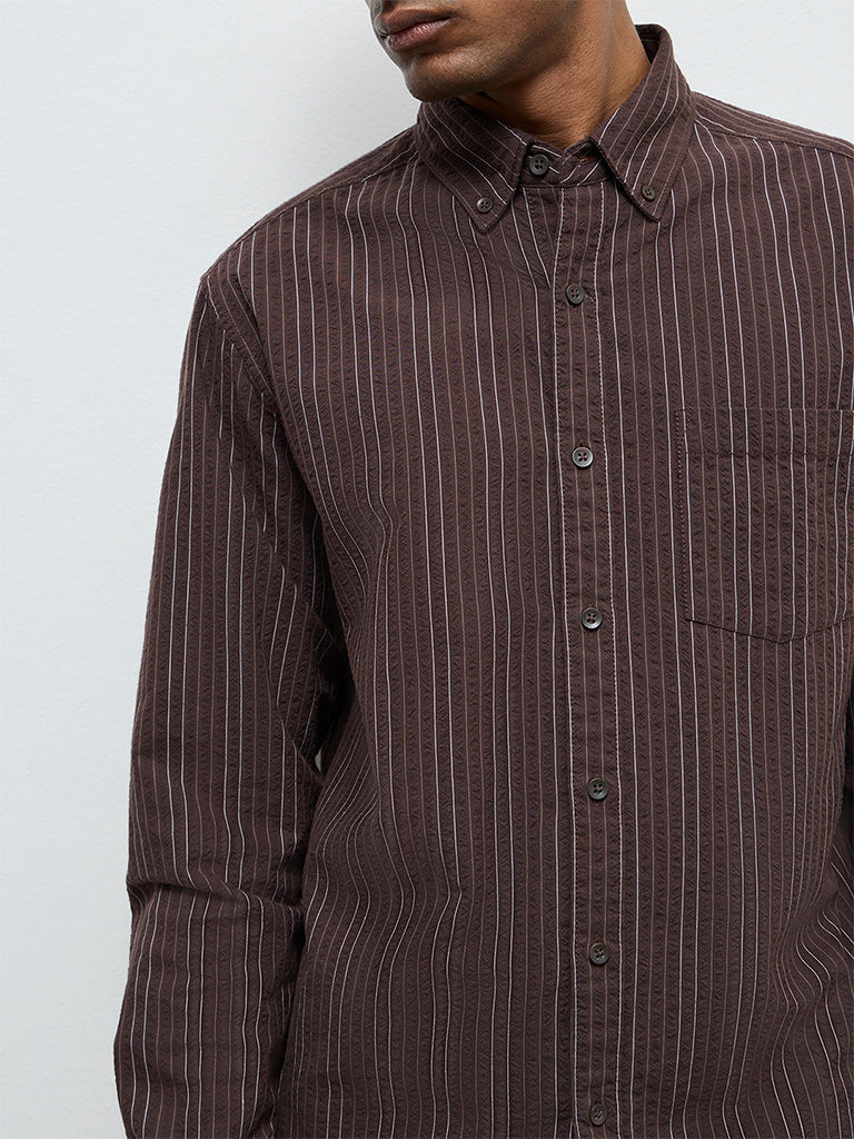 WES Casuals Dark Brown Striped Relaxed-Fit Cotton Shirt