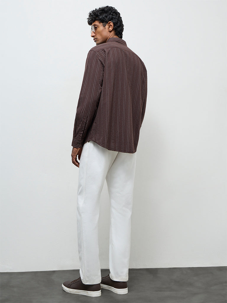 WES Casuals Dark Brown Striped Relaxed-Fit Cotton Shirt