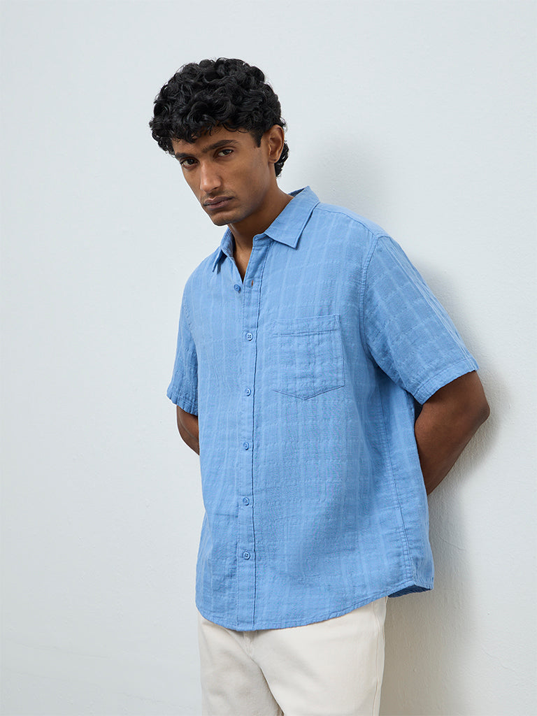 WES Casuals Blue Self-Textured Relaxed-Fit Cotton Shirt