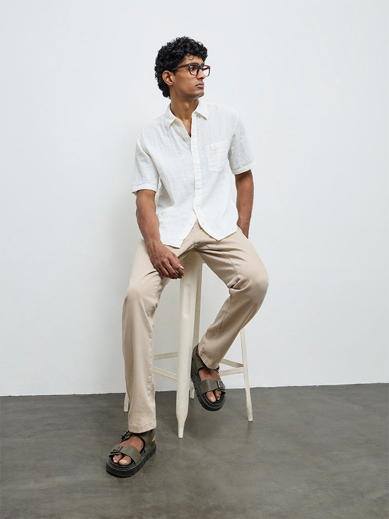 WES Casuals Off-White Textured Relaxed-Fit Cotton Shirt