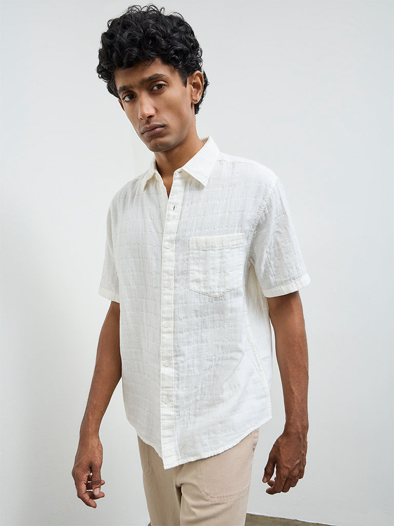 WES Casuals Off-White Textured Relaxed-Fit Cotton Shirt