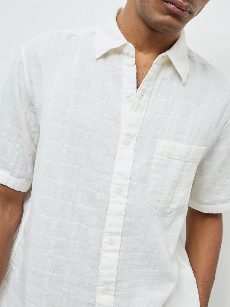 WES Casuals Off-White Textured Relaxed-Fit Cotton Shirt