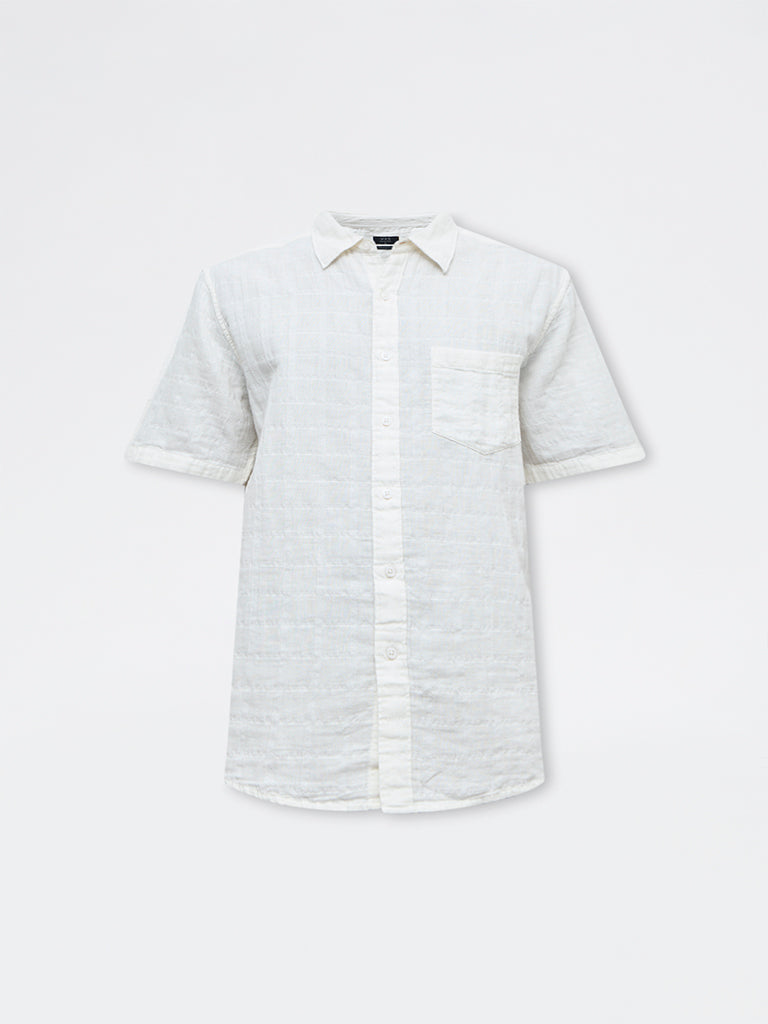 WES Casuals Off-White Textured Relaxed-Fit Cotton Shirt
