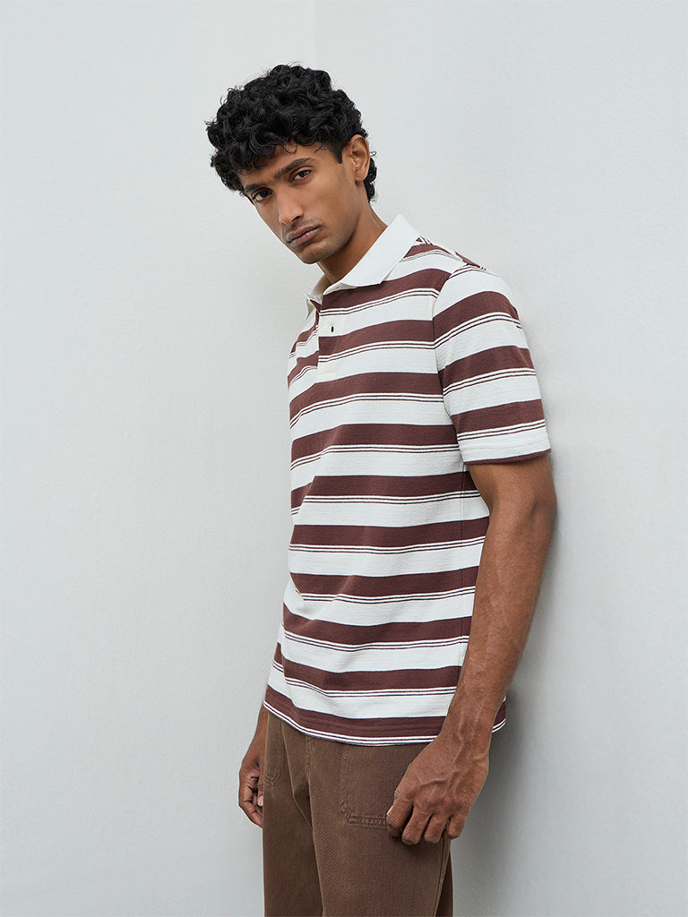 WES Casuals Dark Brown Striped Relaxed Fit Cotton-Blend Polo T-Shirt