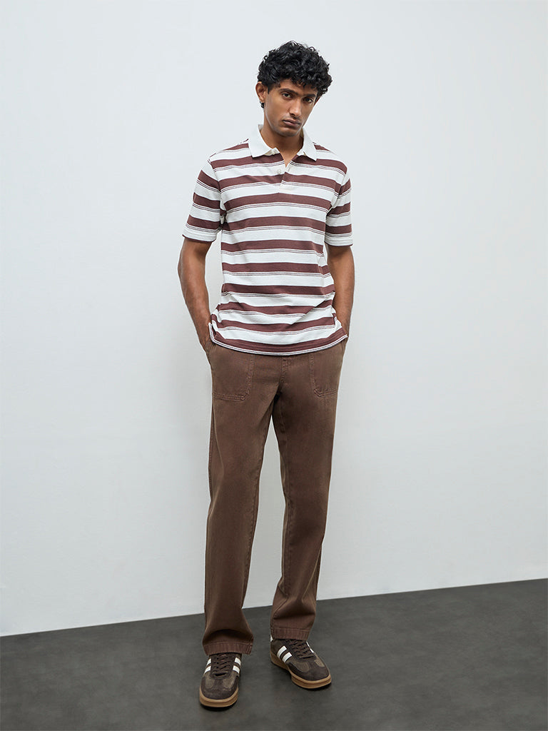 WES Casuals Dark Brown Striped Relaxed Fit Cotton-Blend Polo T-Shirt