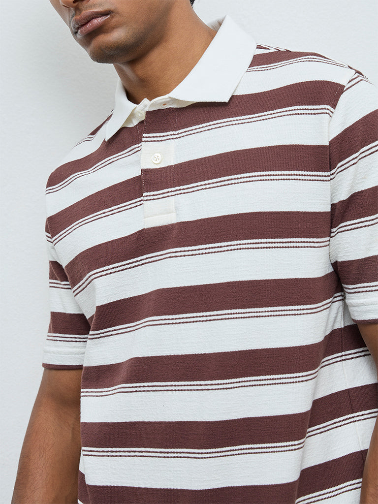 WES Casuals Dark Brown Striped Relaxed Fit Cotton-Blend Polo T-Shirt