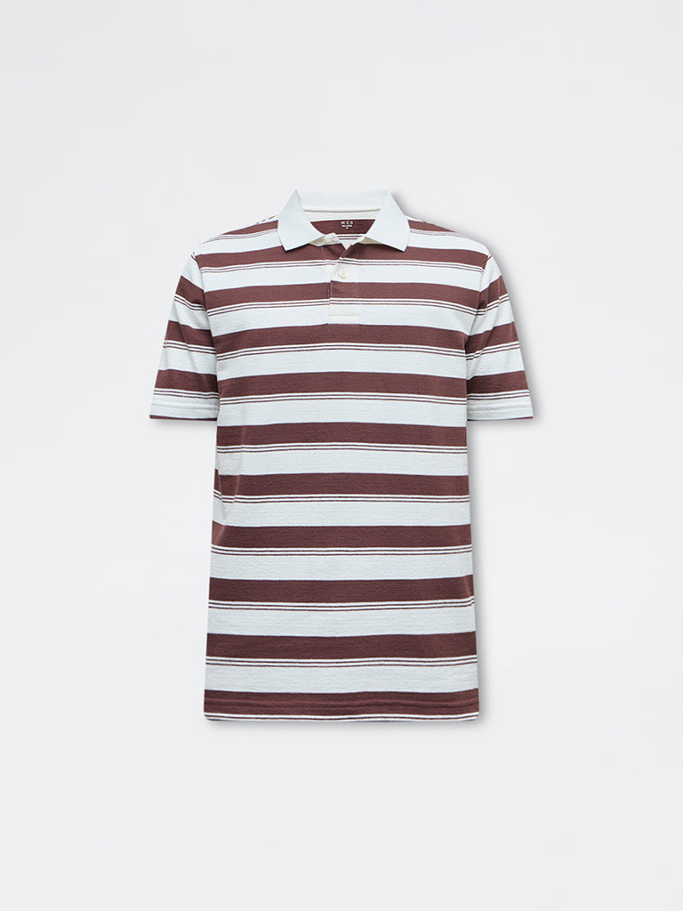 WES Casuals Dark Brown Striped Relaxed Fit Cotton-Blend Polo T-Shirt