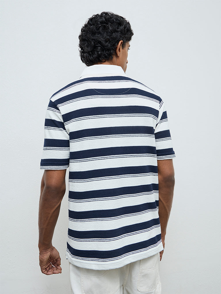 WES Casuals Navy Striped Relaxed-Fit Cotton-Blend Polo T-Shirt