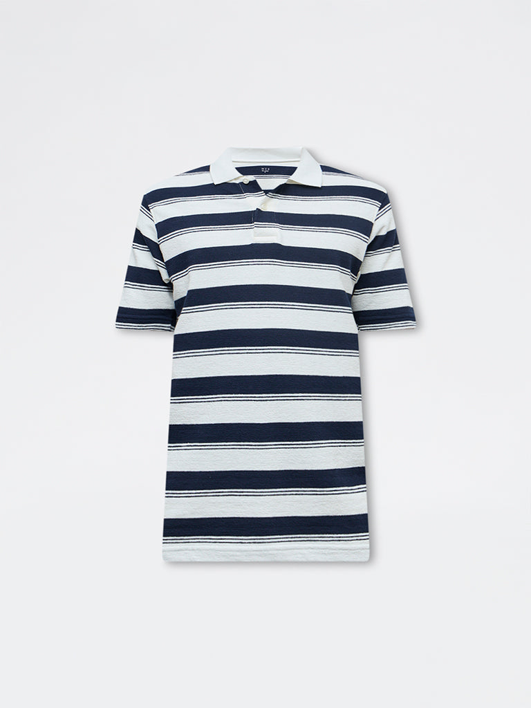 WES Casuals Navy Striped Relaxed-Fit Cotton-Blend Polo T-Shirt