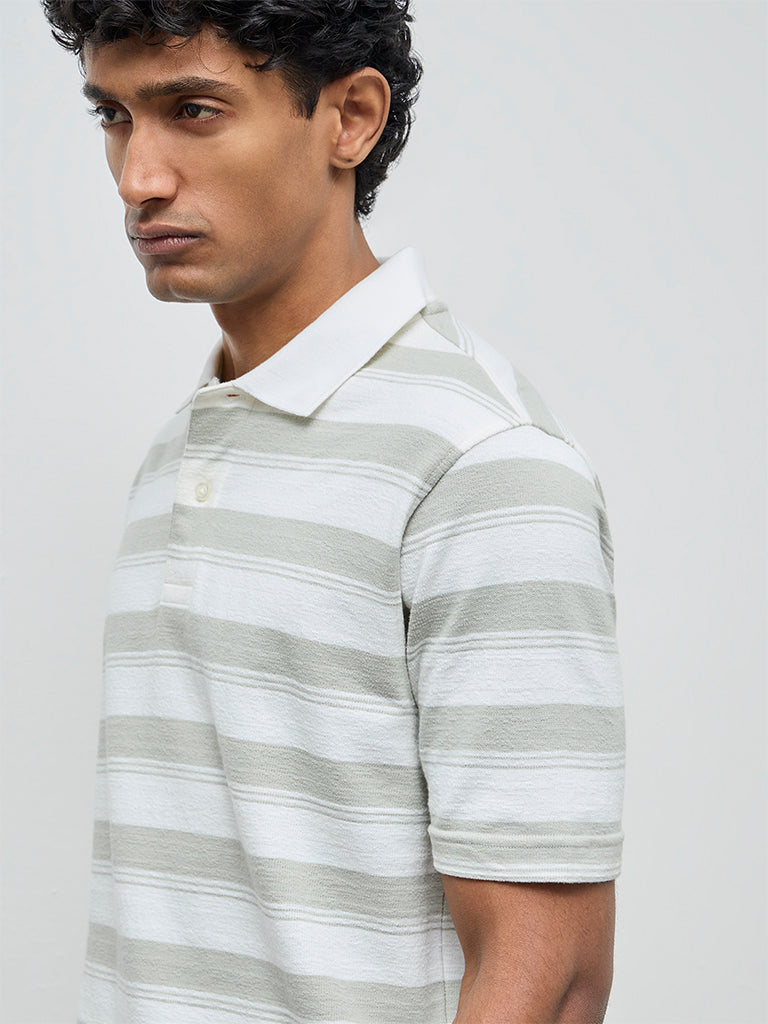 WES Casuals Off-White Striped Relaxed Fit Cotton-Blend Polo T-Shirt