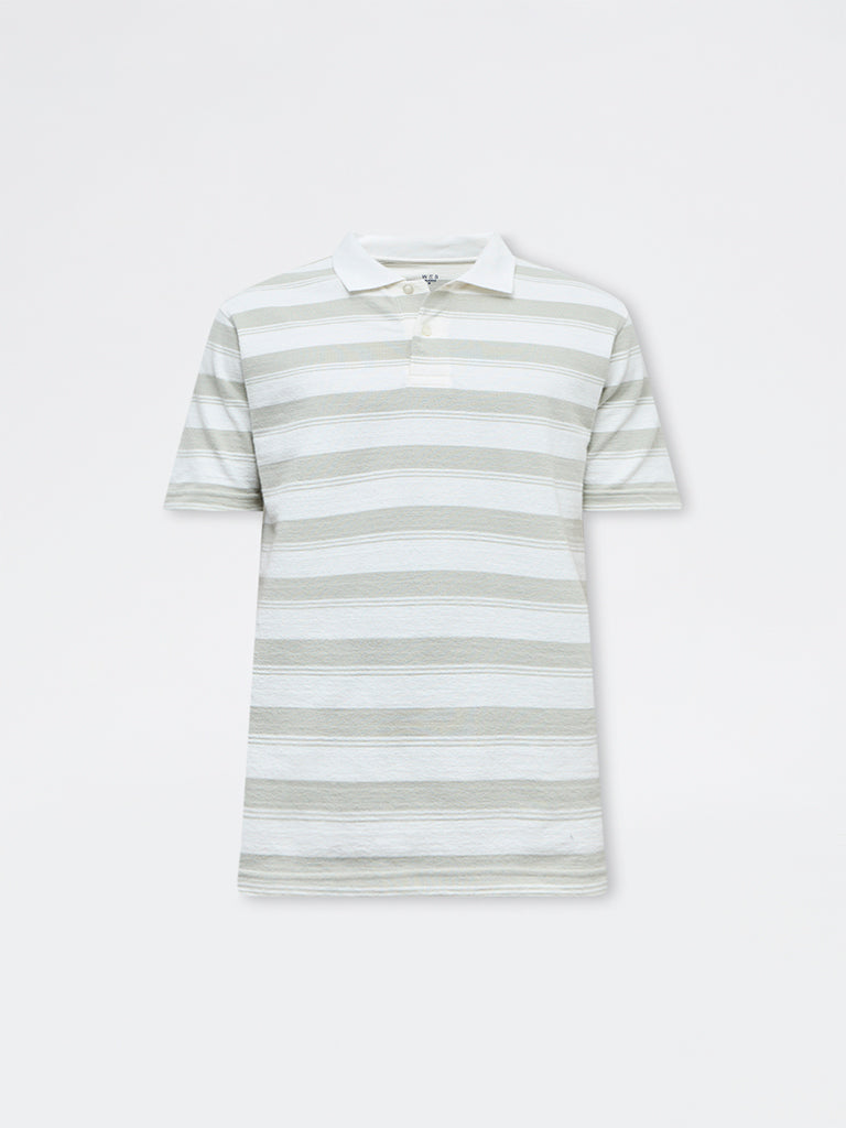 WES Casuals Off-White Striped Relaxed Fit Cotton-Blend Polo T-Shirt