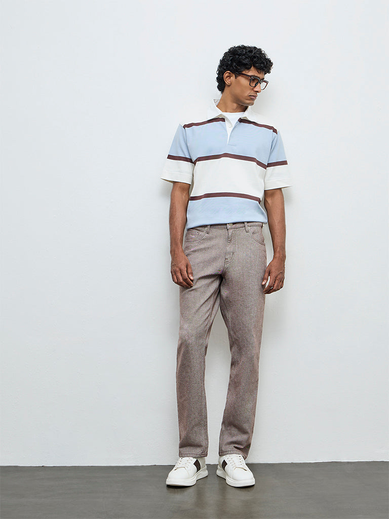 WES Casuals Light Blue Striped Relaxed Fit Polo T-Shirt