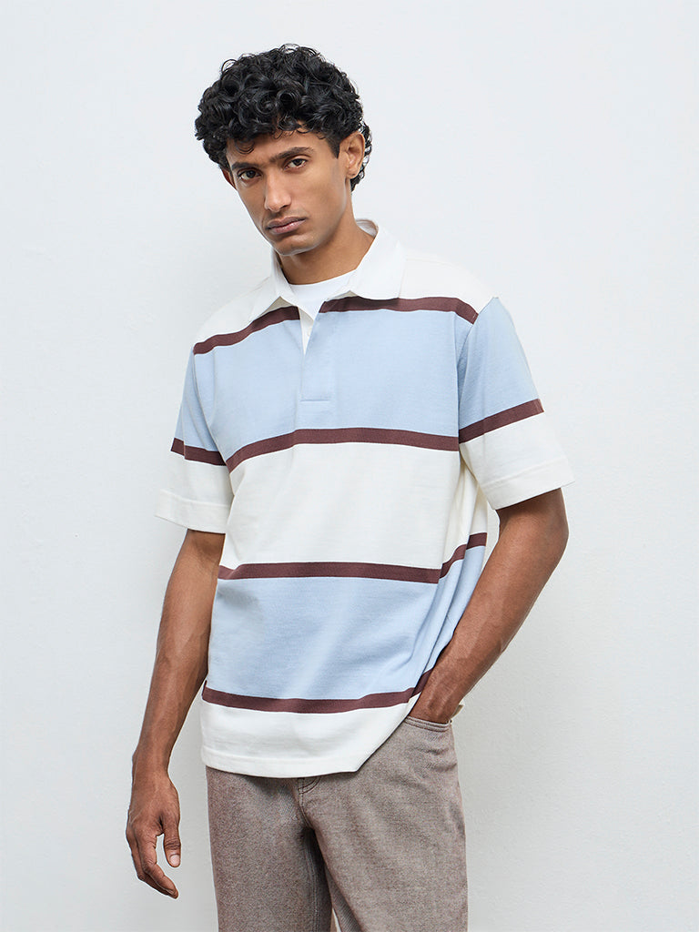 WES Casuals Light Blue Striped Relaxed Fit Polo T-Shirt