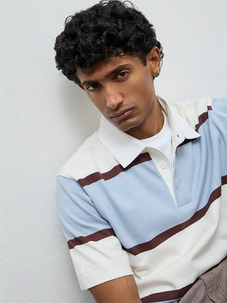 WES Casuals Light Blue Striped Relaxed Fit Polo T-Shirt