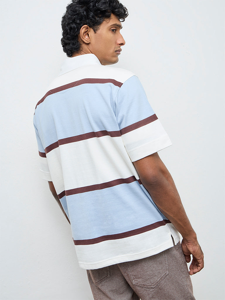 WES Casuals Light Blue Striped Relaxed Fit Polo T-Shirt
