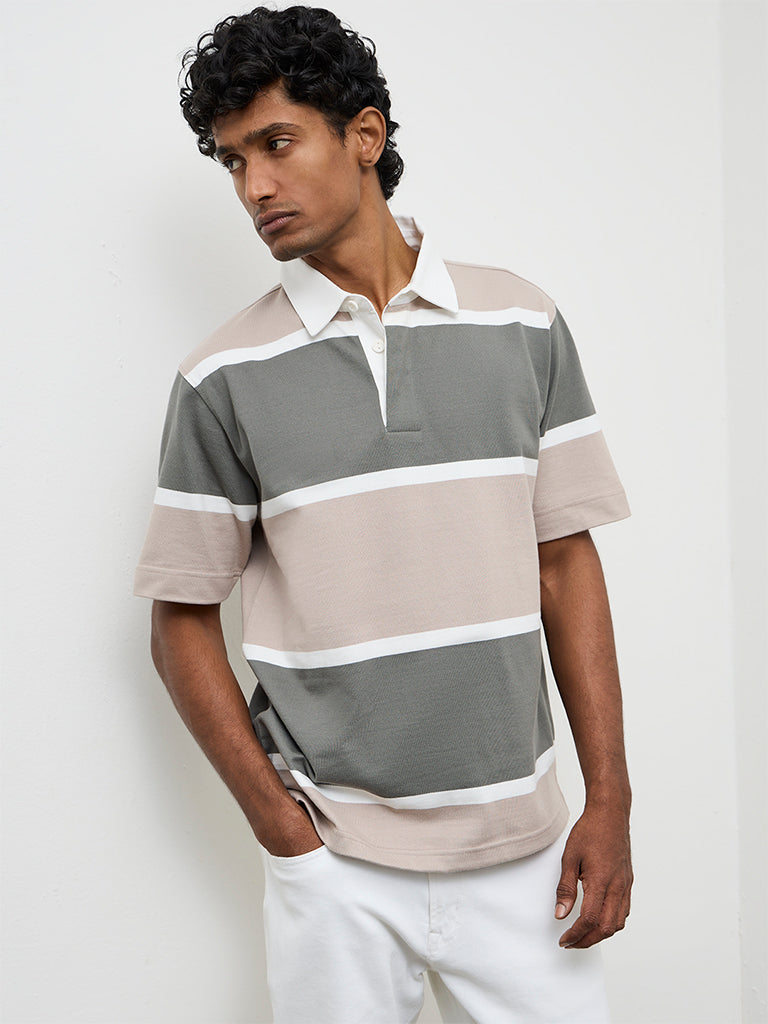 WES Casuals Sage Striped Relaxed Fit Polo Cotton-Blend T-Shirt