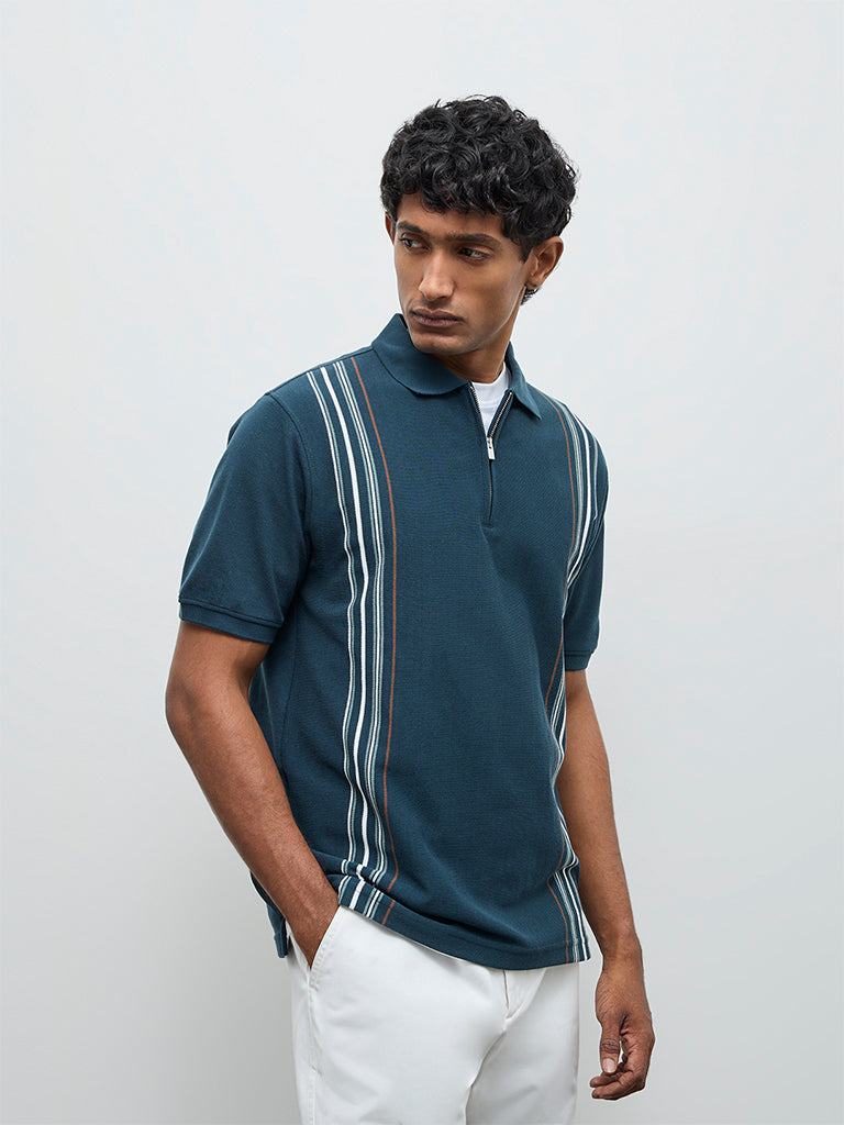 WES Casuals Green Striped Relaxed Fit Quarter-Zip Polo T-Shirt