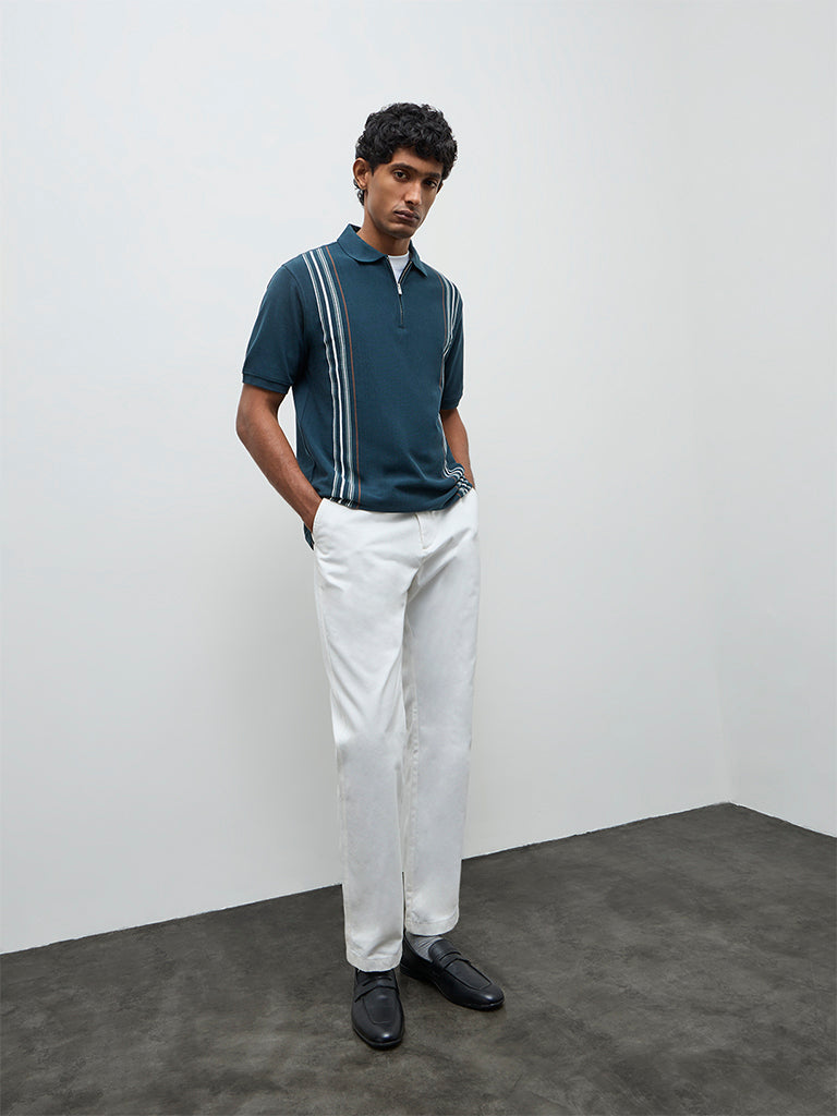 WES Casuals Green Striped Relaxed Fit Quarter-Zip Polo T-Shirt