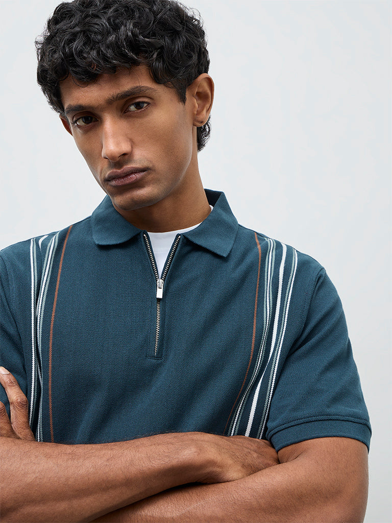 WES Casuals Green Striped Relaxed Fit Quarter-Zip Polo T-Shirt