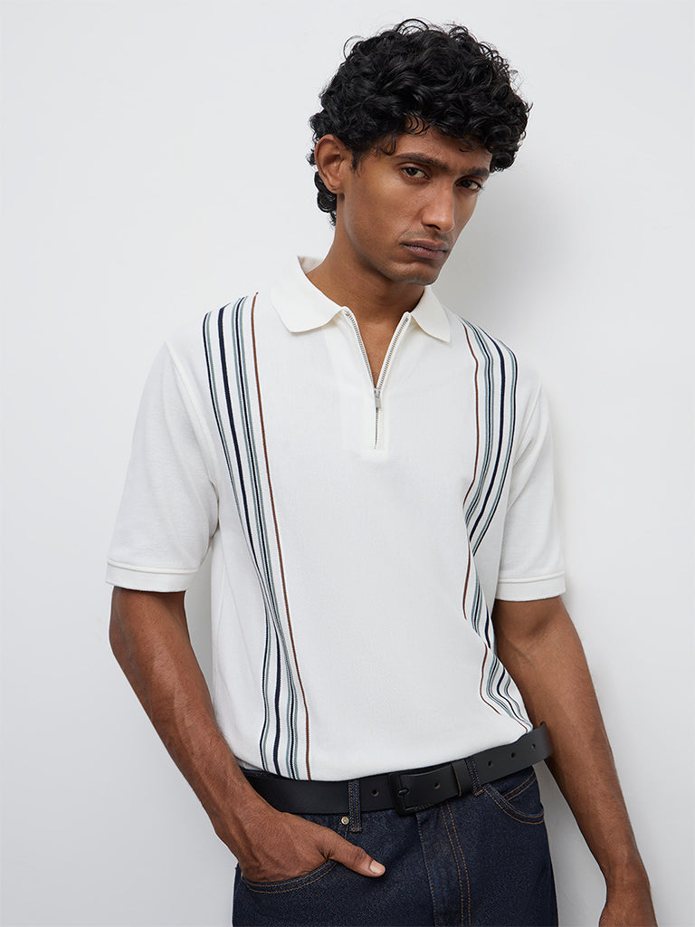 WES Casuals Off-White Striped Relaxed Fit Quarter-Zip Polo T-Shirt